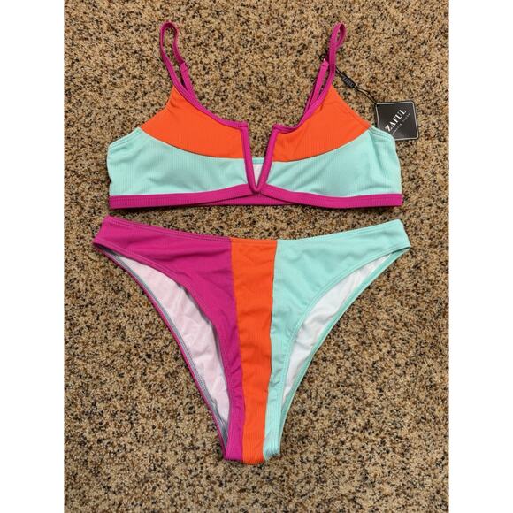 Zaful Women's V-Wired Bikini Pink Blue‎ Colorblock Ribbed 2 Piece Swimwear L - Picture 2 of 10